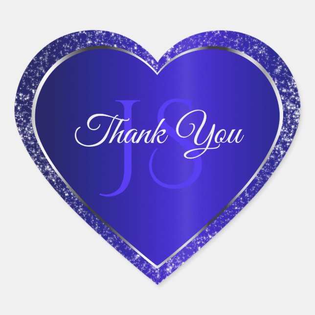 Royal Blue with Glitter Initials Cute Thank You Heart Sticker (Front)