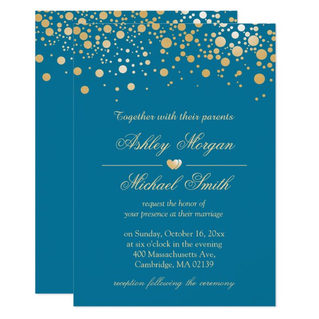 Royal Blue With Gold Confetti Polka Dots Wedding Invitation