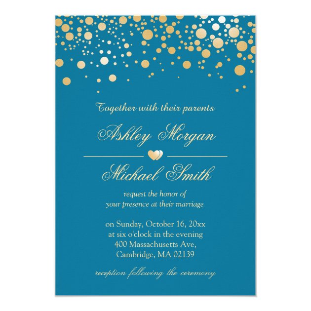 Royal Blue With Gold Confetti Polka Dots Wedding Invitation