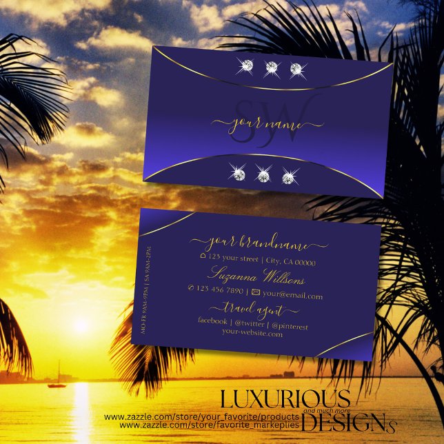 Royal Blue with Gold Decor Diamonds and Monogram Business Card (Creator Uploaded)