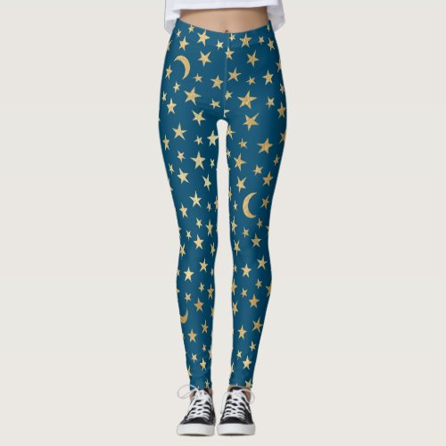 Royal Blue With Gold Foil Stars and Moons Leggings