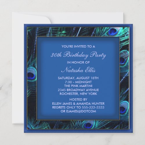 Royal Blue Womans Peacock Birthday Party Personalized Invitation