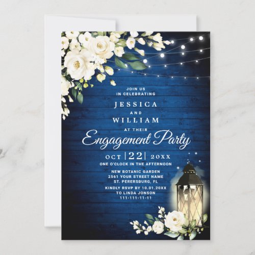 Royal Blue Wood White Rose Engagement Party Invitation