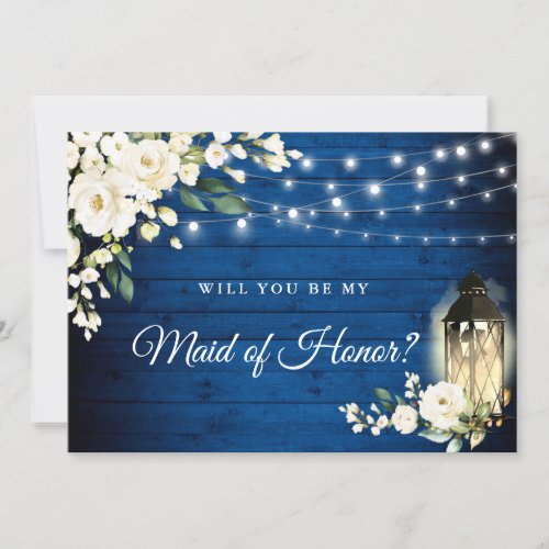 Royal Blue Wood White Roses Be My Maid of Honor Invitation