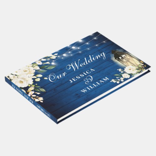 Royal Blue Wood White Roses Floral Rustic Wedding Guest Book