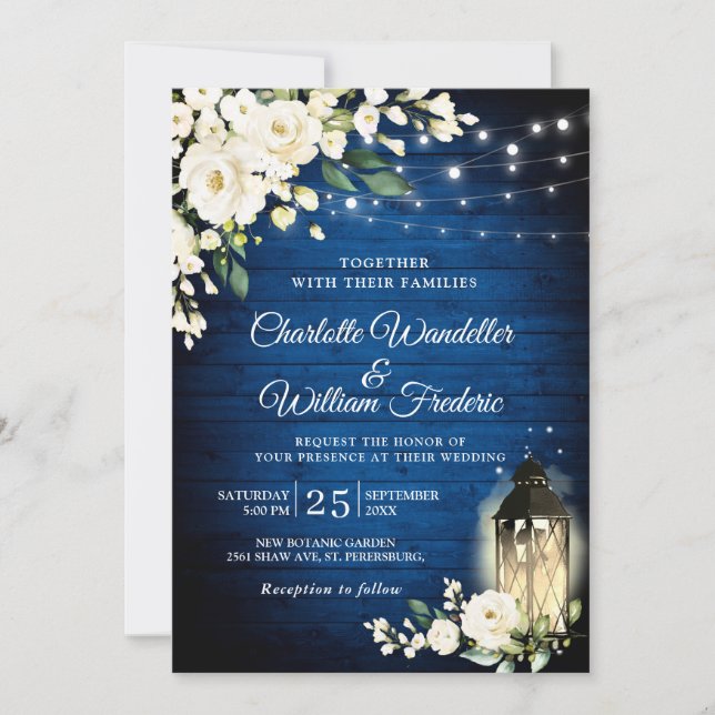 Royal Blue Wood & White Roses Lantern Watercolor Invitation (Front)