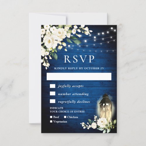 Royal Blue Wood White Roses Rustic Light RSVP Card