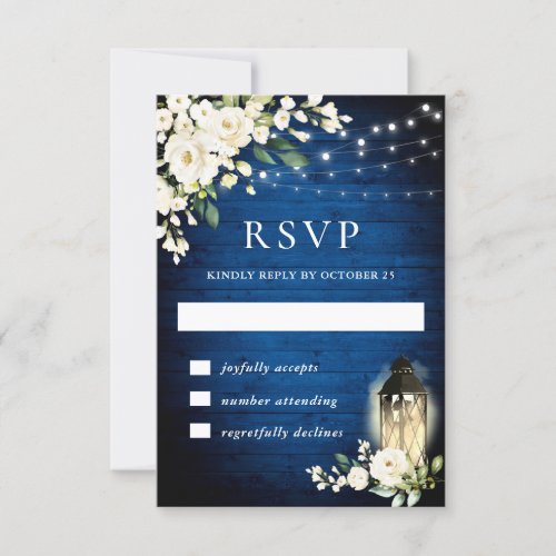 Royal Blue Wood White Roses Rustic Light RSVP Card