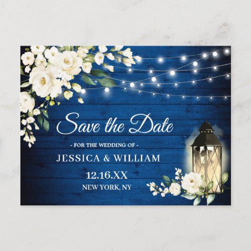 Royal Blue Wood White Roses Wedding Save the Date Postcard