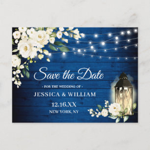 Royal Blue Wood White Roses Wedding Save the Date Postcard