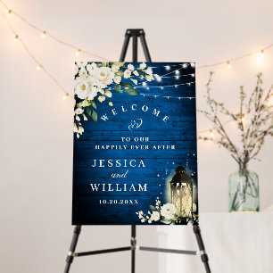 Royal Blue Wood White Roses Wedding Welcome Foam Board