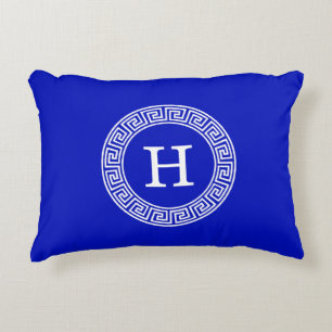 Royal Blue Wt Greek Key Rnd Frame Initial Monogram Accent Pillow