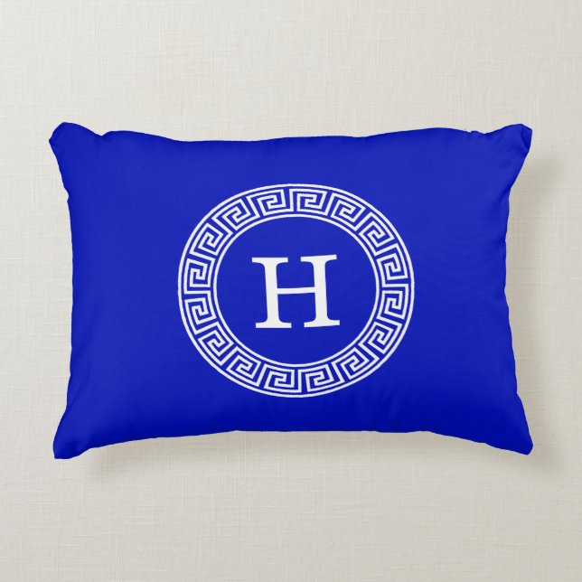 Royal Blue Wt Greek Key Rnd Frame Initial Monogram Accent Pillow (Front)