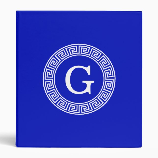 Royal Blue Wt Greek Key Rnd Frame Initial Monogram Binder (Front)