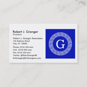 Royal Blue Wt Greek Key Rnd Frame Initial Monogram Business Card
