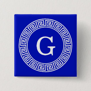 Royal Blue Wt Greek Key Rnd Frame Initial Monogram Button