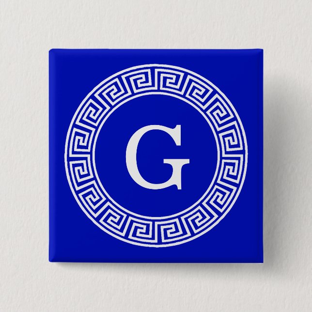 Royal Blue Wt Greek Key Rnd Frame Initial Monogram Button (Front)