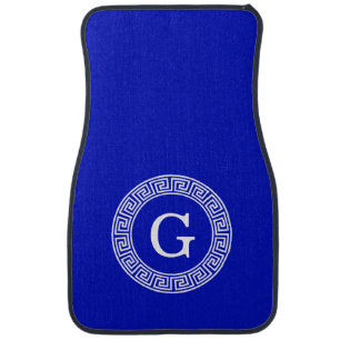 Royal Blue Wt Greek Key Rnd Frame Initial Monogram Car Mat