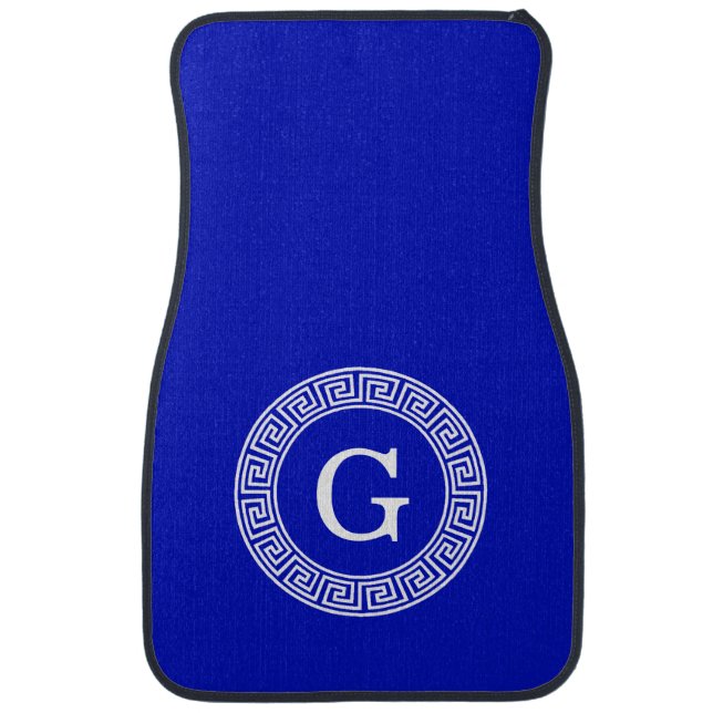 Royal Blue Wt Greek Key Rnd Frame Initial Monogram Car Mat (Front)