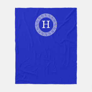Royal Blue Wt Greek Key Rnd Frame Initial Monogram Fleece Blanket