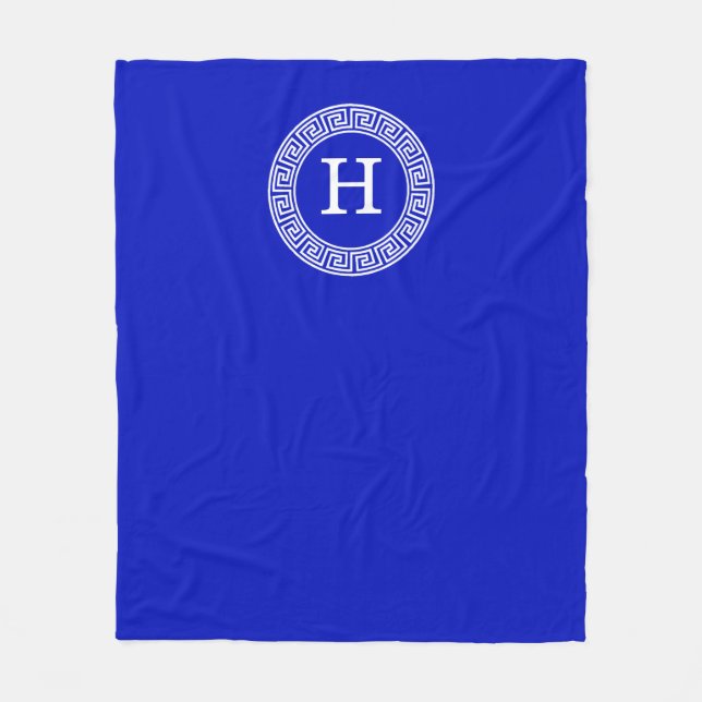 Royal Blue Wt Greek Key Rnd Frame Initial Monogram Fleece Blanket (Front)