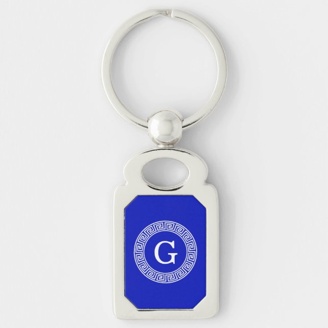 Royal Blue Wt Greek Key Rnd Frame Initial Monogram Keychain (Front)