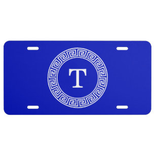 Royal Blue Wt Greek Key Rnd Frame Initial Monogram License Plate
