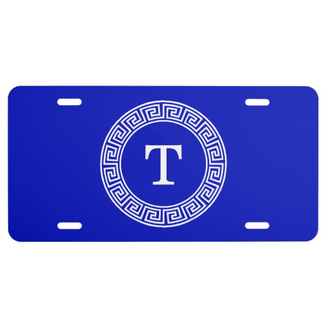 Royal Blue Wt Greek Key Rnd Frame Initial Monogram License Plate (Front)
