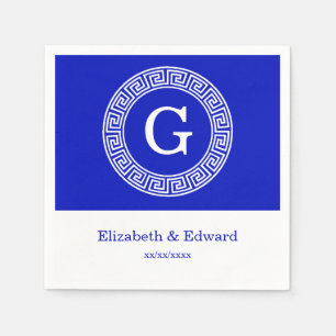 Royal Blue Wt Greek Key Rnd Frame Initial Monogram Napkins
