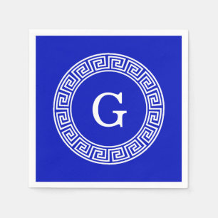 Royal Blue Wt Greek Key Rnd Frame Initial Monogram Napkins