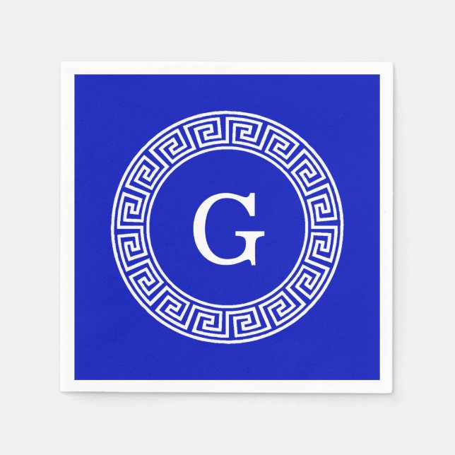 Royal Blue Wt Greek Key Rnd Frame Initial Monogram Napkins (Front)