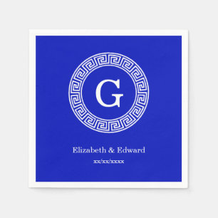 Royal Blue Wt Greek Key Rnd Frame Initial Monogram Paper Napkins