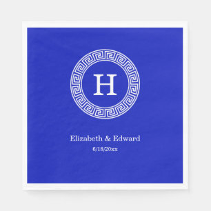 Royal Blue Wt Greek Key Rnd Frame Initial Monogram Paper Napkins