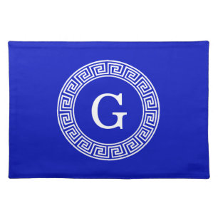 Royal Blue Wt Greek Key Rnd Frame Initial Monogram Placemat