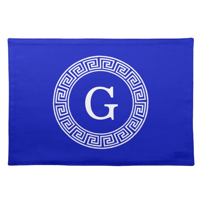 Royal Blue Wt Greek Key Rnd Frame Initial Monogram Placemat (Front)
