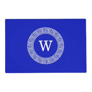 Royal Blue Wt Greek Key Rnd Frame Initial Monogram Placemat