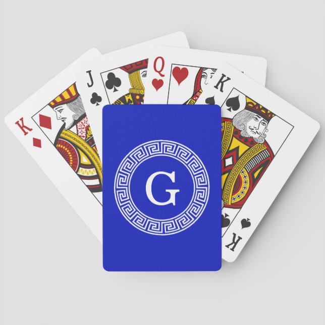 Royal Blue Wt Greek Key Rnd Frame Initial Monogram Poker Cards (Back)