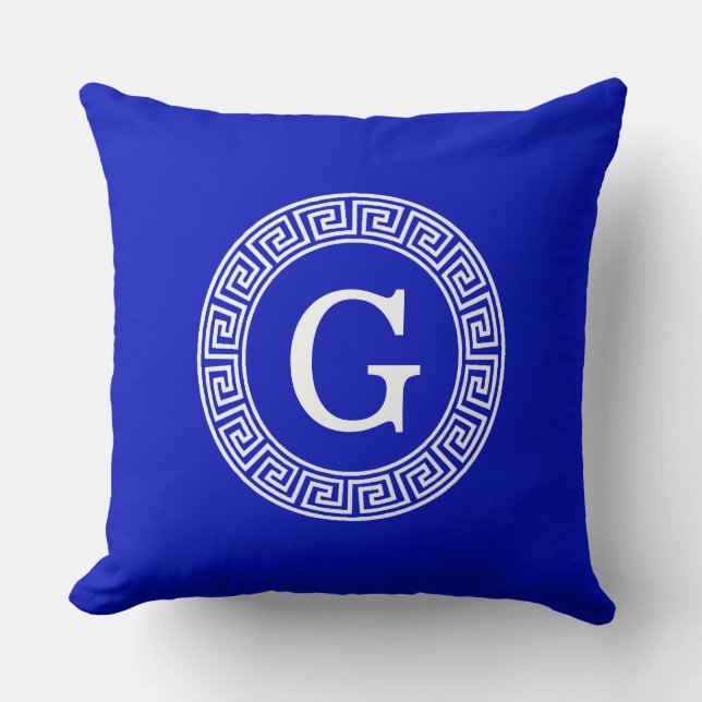 Royal Blue Wt Greek Key Rnd Frame Initial Monogram Throw Pillow (Front)