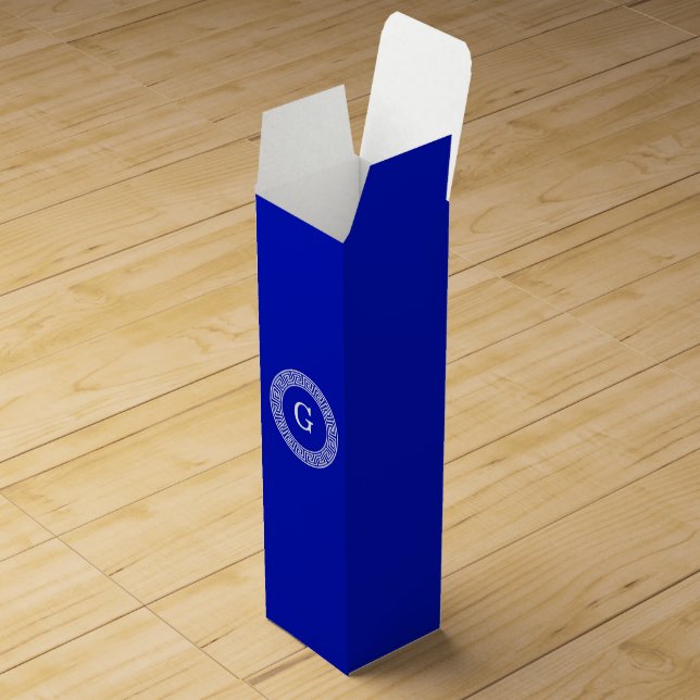 Royal Blue Wt Greek Key Rnd Frame Initial Monogram Wine Box (Opened)
