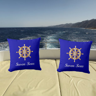 Royal blue yacht boat name gold steering wheel outdoor pillow