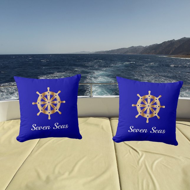 Royal blue yacht boat name gold steering wheel outdoor pillow (Creator Uploaded)