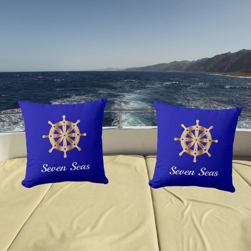 Royal blue yacht boat name gold steering wheel throw pillow