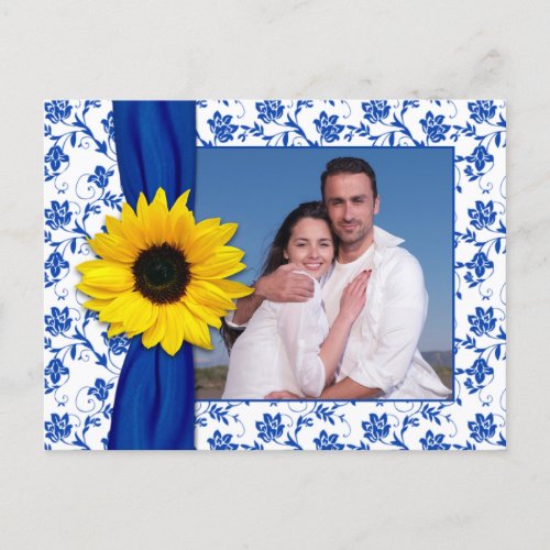 Royal Blue Yellow Damask Sunflower Save the Date Announcement Postcard