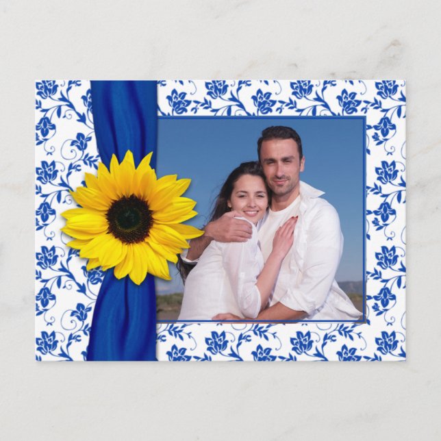 Royal Blue Yellow Damask Sunflower Save the Date Announcement Postcard (Front)