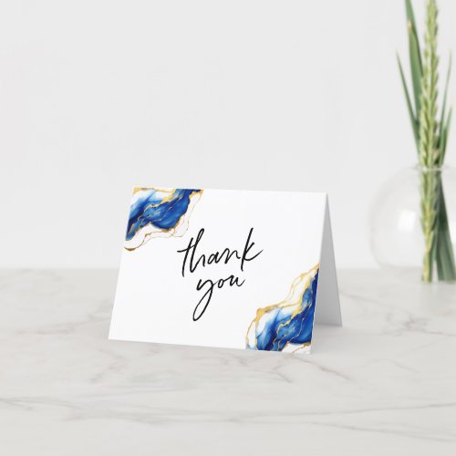 Royal Blue Yellow Gold Alcohol Ink Modern Script Thank You Card