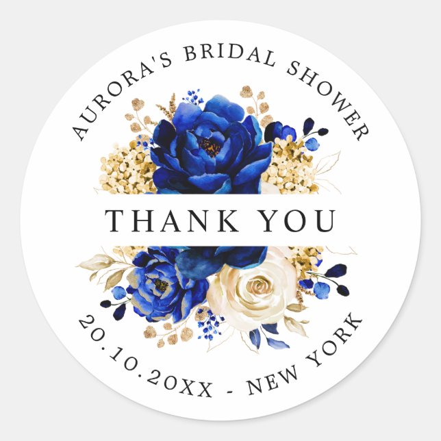 Royal Blue Yellow Gold Bridal Shower Thank you Classic Round Sticker (Front)