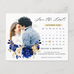 Royal Blue Yellow Gold calendar save date Postcard