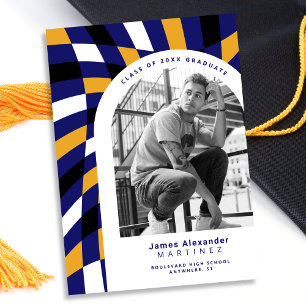 Royal Blue Yellow Gold Checkered Photo Graduation Announcement