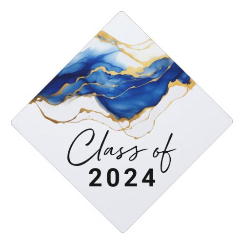 Royal Blue Yellow Gold Class of Alcohol Ink Graduation Cap Topper