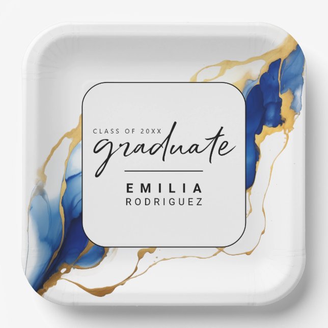 Royal Blue Yellow Gold Elegant Minimal Graduation Paper Plates (Front)